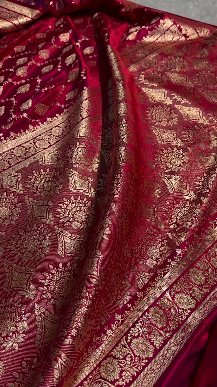 Maroon Banarasi Silk Saree with Golden Zari Buttas & Traditional Border