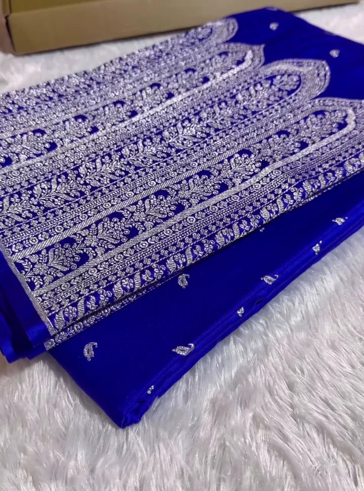 Royal Blue Banarasi Silk Saree with Heavy Silver Zari Pallu & Paisley Motifs