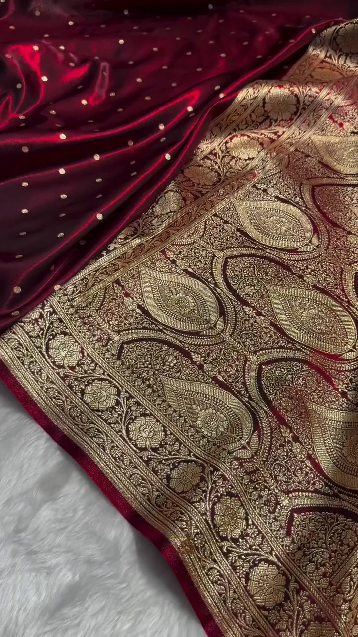 Deep Maroon Kanjivaram Silk Saree with Golden Zari Polka Butta & Traditional Border
