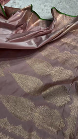 Dusty Rose Banarasi Silk Saree with Golden Zari Buttas & Elegant Border