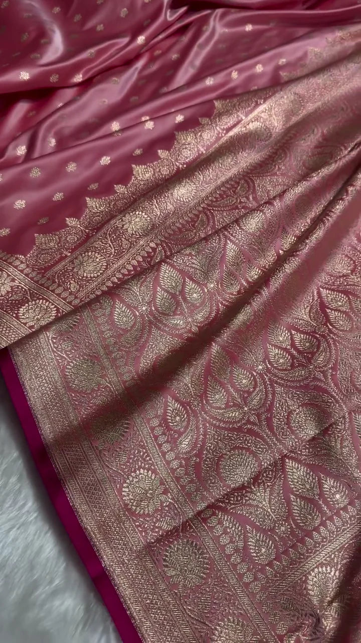 Baby Pink Banarasi Silk Saree with Golden Zari Buttas & Grand Pallu