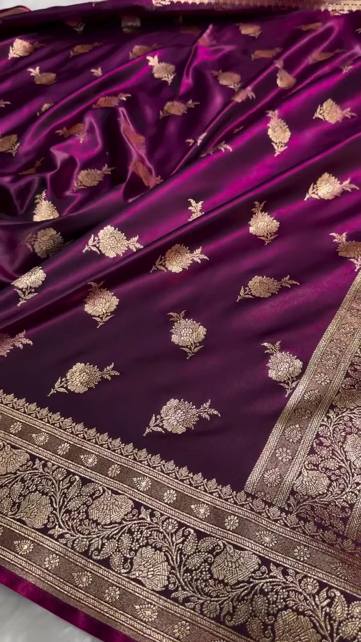Deep Purple Banarasi Silk Saree with Golden Zari Floral Motifs & Rich Pallu