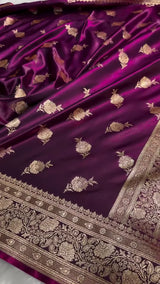 Deep Purple Banarasi Silk Saree with Golden Zari Floral Motifs & Rich Pallu