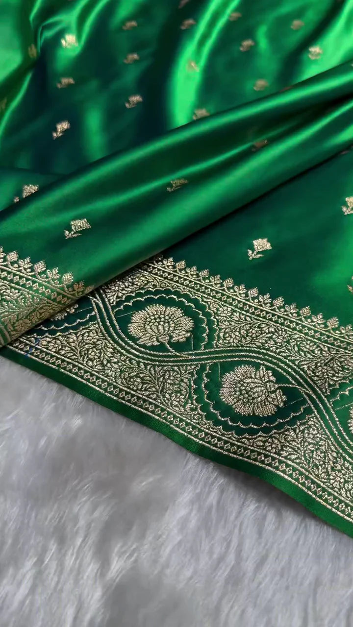 Emerald Green Banarasi Silk Saree with Golden Zari Buttas & Rich Pallu