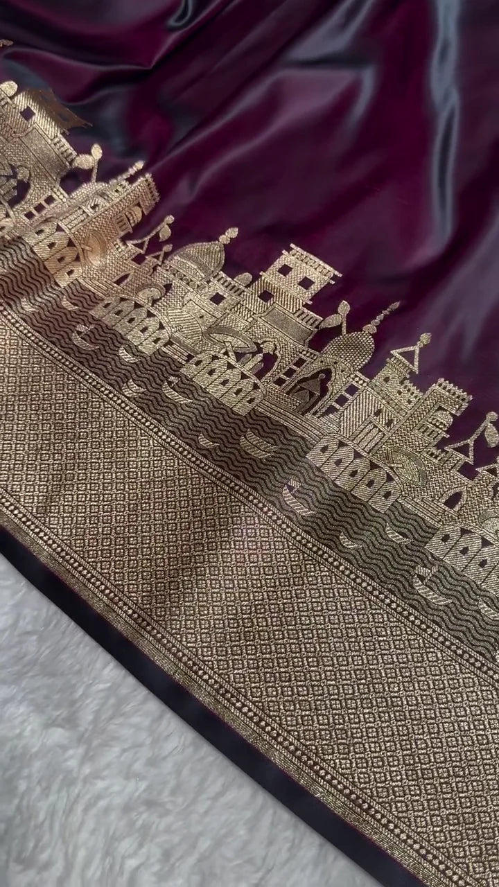 Deep Wine Banarasi Silk Saree with Golden Zari Architectural Cityscape Border