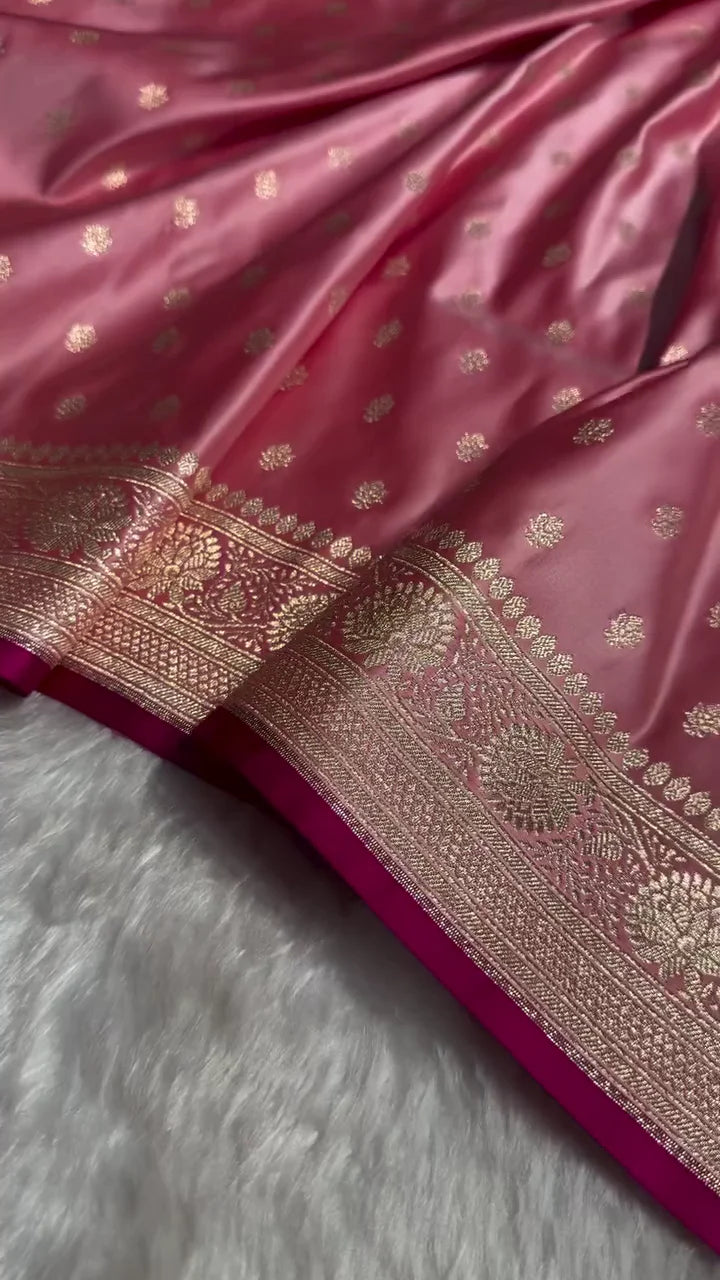 Baby Pink Banarasi Silk Saree with Golden Zari Buttas & Grand Pallu
