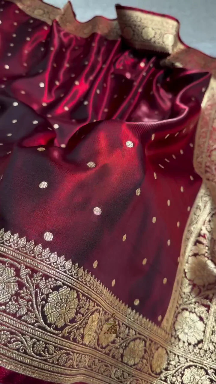 Deep Maroon Kanjivaram Silk Saree with Golden Zari Polka Butta & Traditional Border