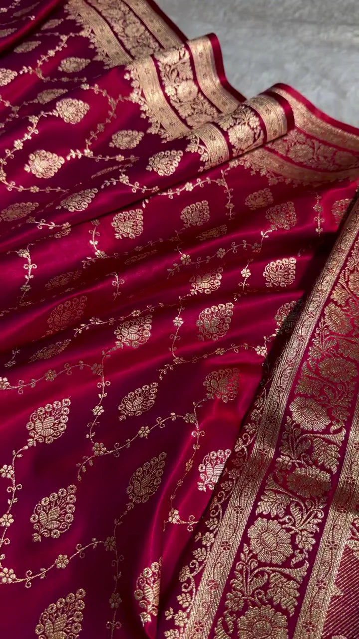 Maroon Banarasi Silk Saree with Golden Zari Buttas & Traditional Border