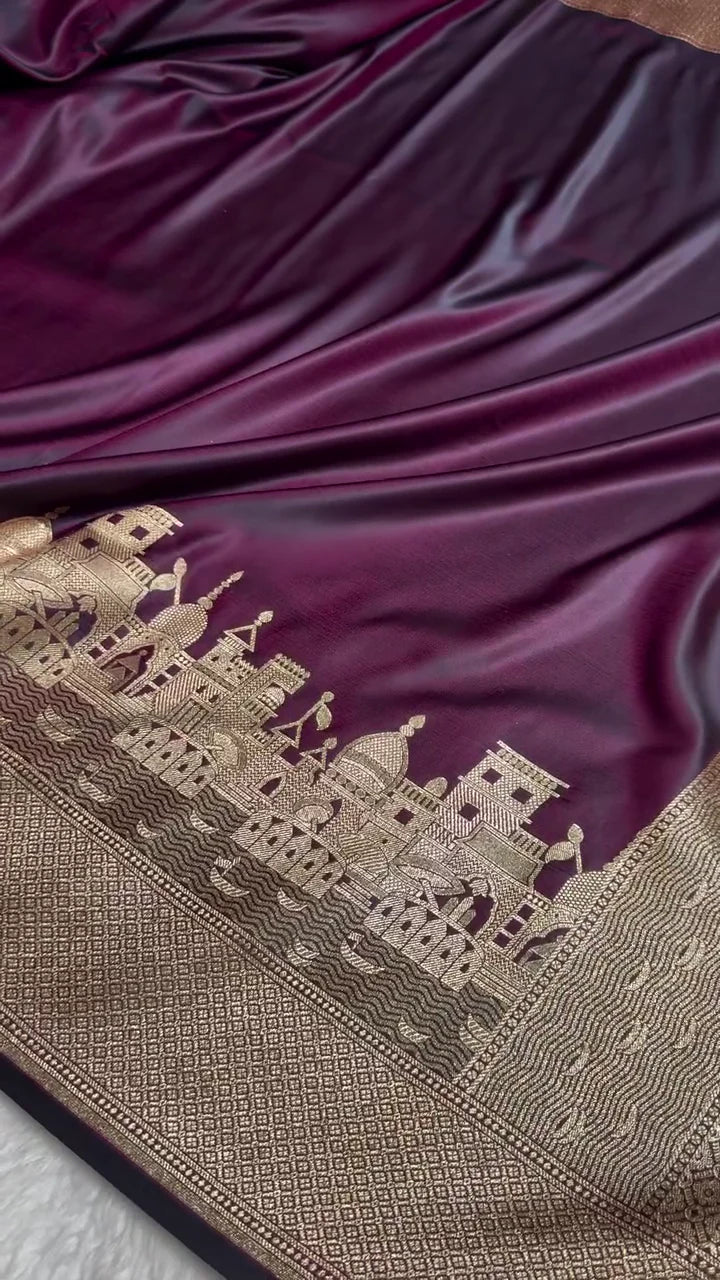 Deep Wine Banarasi Silk Saree with Golden Zari Architectural Cityscape Border