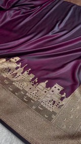 Deep Wine Banarasi Silk Saree with Golden Zari Architectural Cityscape Border