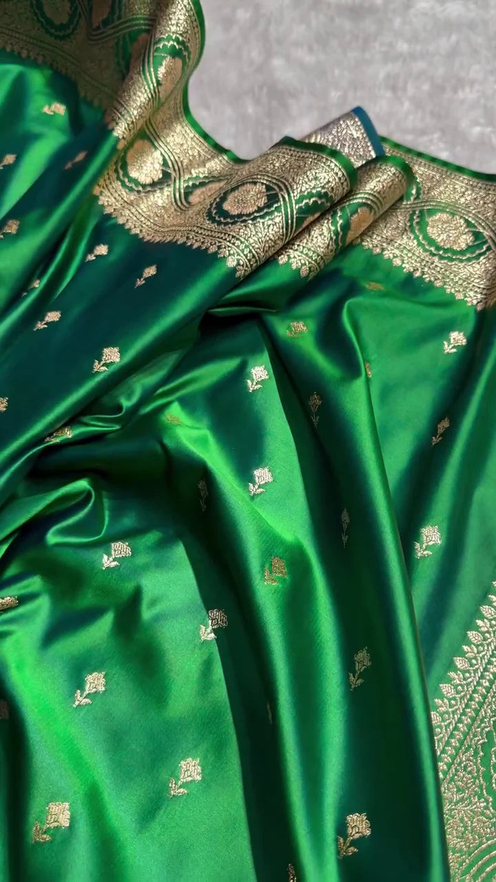 Emerald Green Banarasi Silk Saree with Golden Zari Buttas & Rich Pallu