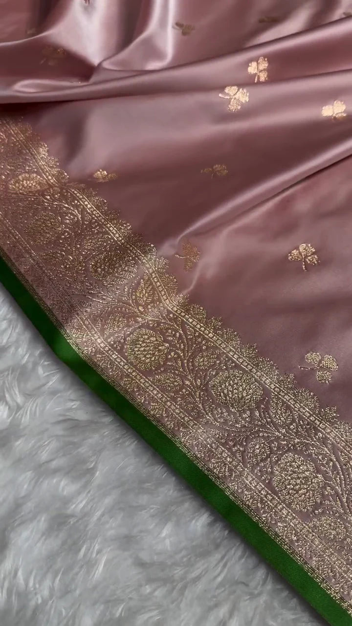 Dusty Rose Banarasi Silk Saree with Golden Zari Buttas & Elegant Border
