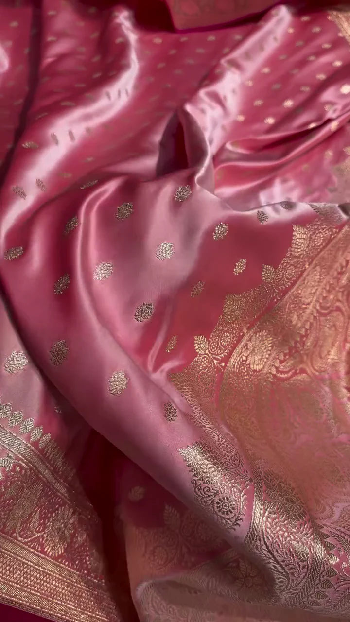 Baby Pink Banarasi Silk Saree with Golden Zari Buttas & Grand Pallu