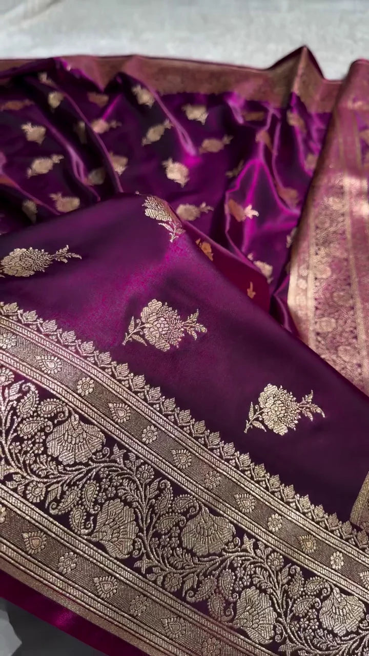 Deep Purple Banarasi Silk Saree with Golden Zari Floral Motifs & Rich Pallu