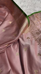 Dusty Rose Banarasi Silk Saree with Golden Zari Buttas & Elegant Border