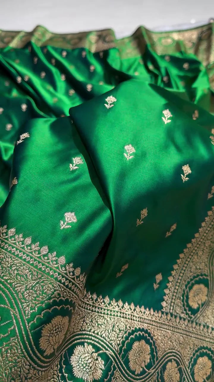 Emerald Green Banarasi Silk Saree with Golden Zari Buttas & Rich Pallu