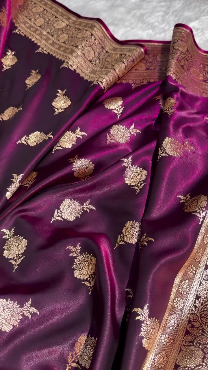 Deep Purple Banarasi Silk Saree with Golden Zari Floral Motifs & Rich Pallu