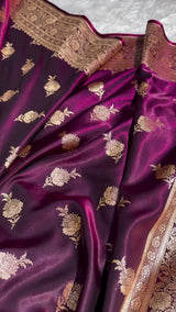 Deep Purple Banarasi Silk Saree with Golden Zari Floral Motifs & Rich Pallu