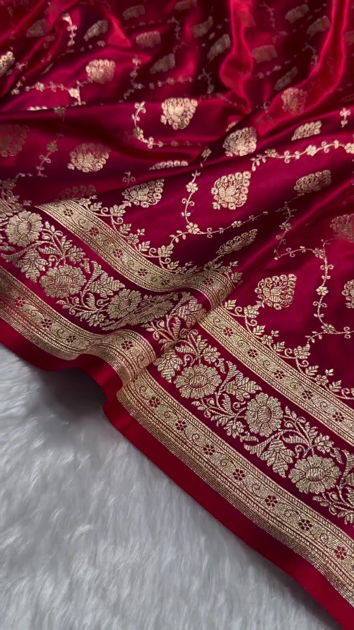 Maroon Banarasi Silk Saree with Golden Zari Buttas & Traditional Border