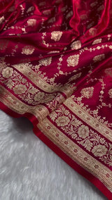 Maroon Banarasi Silk Saree with Golden Zari Buttas & Traditional Border