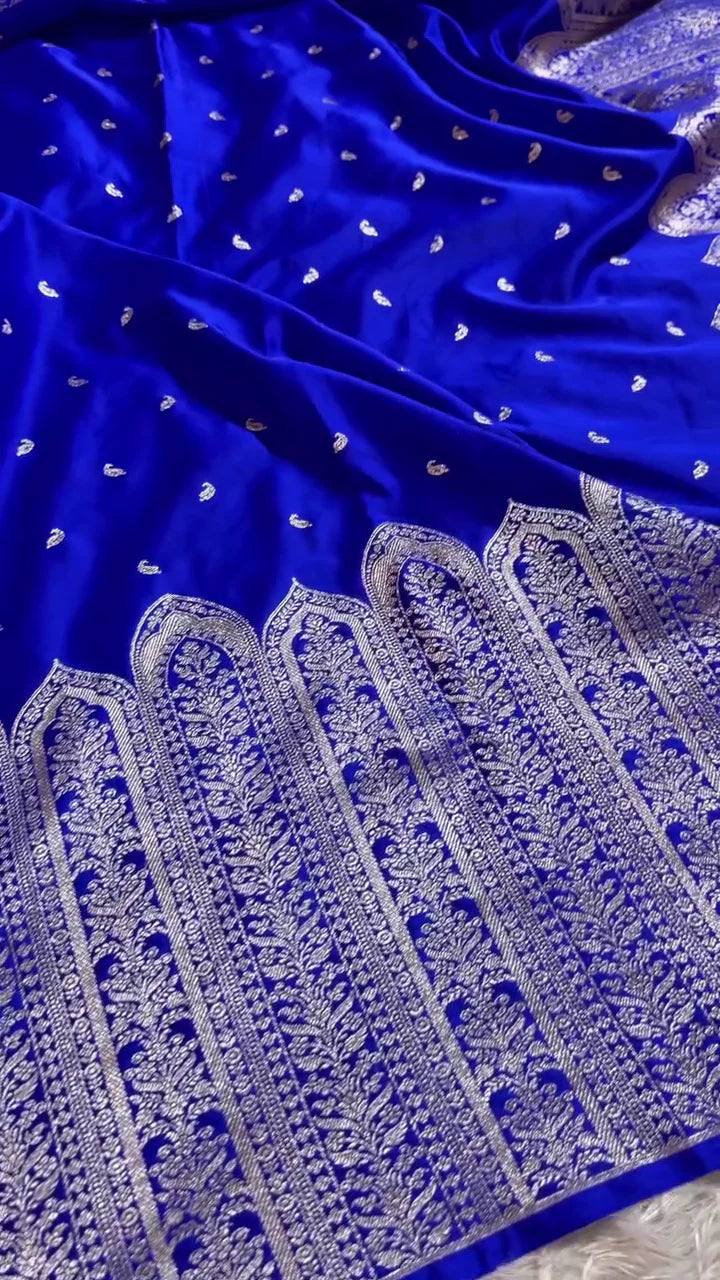 Royal Blue Banarasi Silk Saree with Heavy Silver Zari Pallu & Paisley Motifs