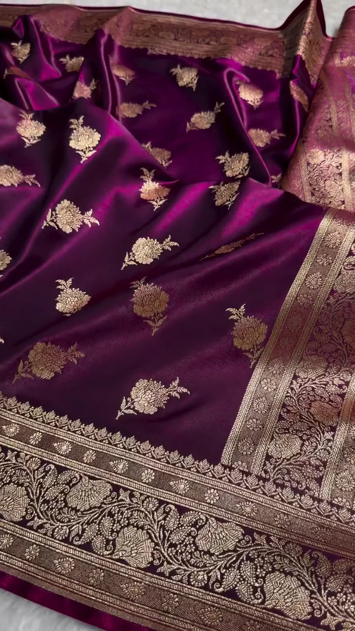 Deep Purple Banarasi Silk Saree with Golden Zari Floral Motifs & Rich Pallu