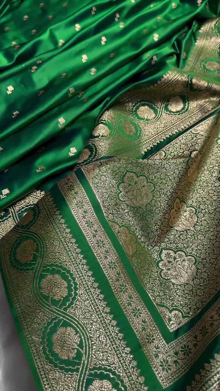 Emerald Green Banarasi Silk Saree with Golden Zari Buttas & Rich Pallu