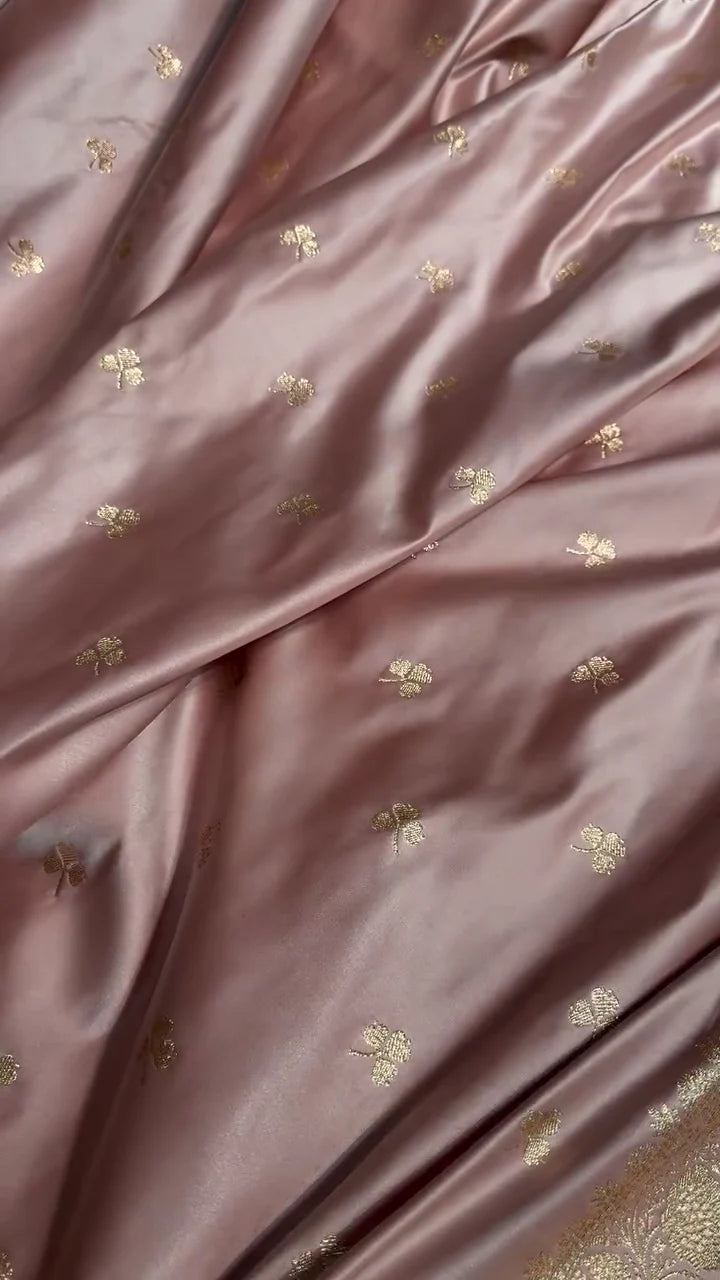 Dusty Rose Banarasi Silk Saree with Golden Zari Buttas & Elegant Border