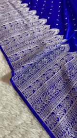 Royal Blue Banarasi Silk Saree with Heavy Silver Zari Pallu & Paisley Motifs