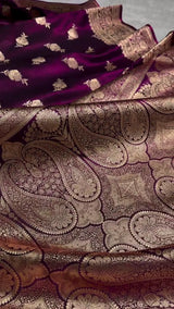 Deep Purple Banarasi Silk Saree with Golden Zari Floral Motifs & Rich Pallu