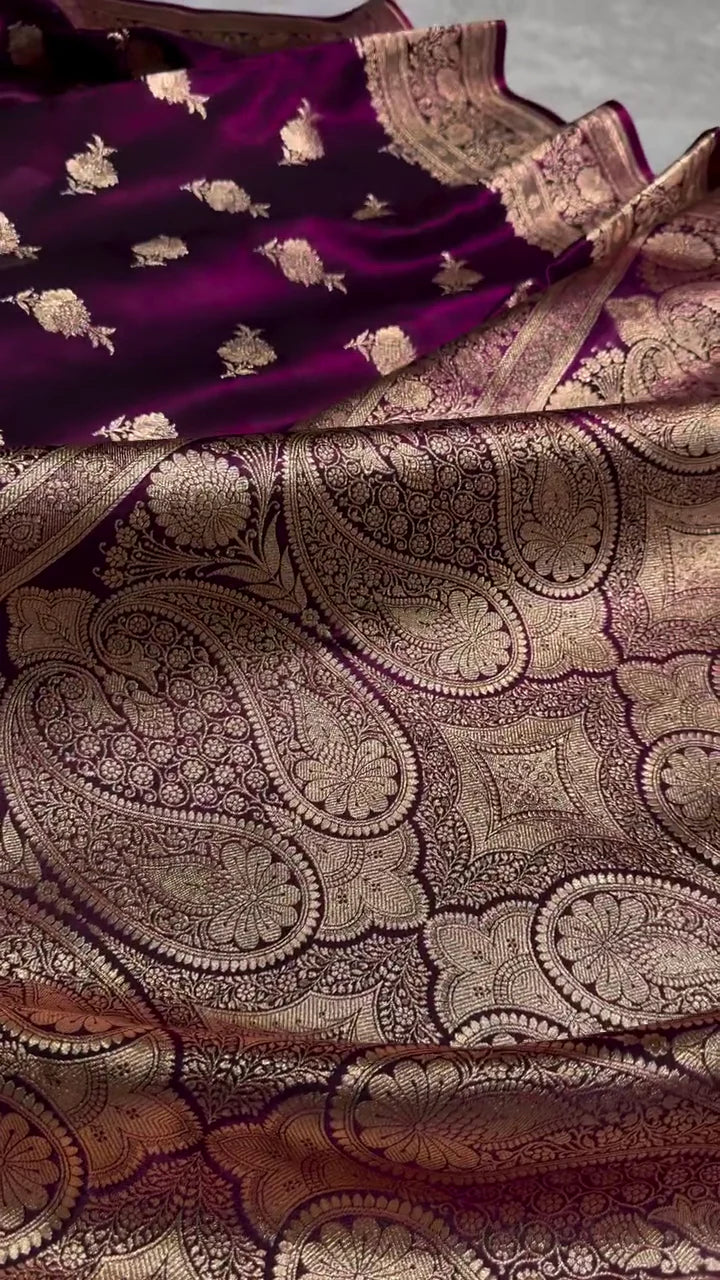 Deep Purple Banarasi Silk Saree with Golden Zari Floral Motifs & Rich Pallu