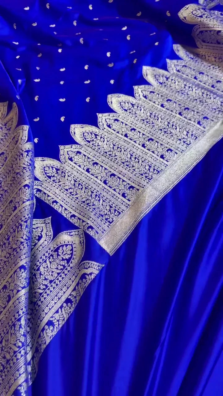 Royal Blue Banarasi Silk Saree with Heavy Silver Zari Pallu & Paisley Motifs