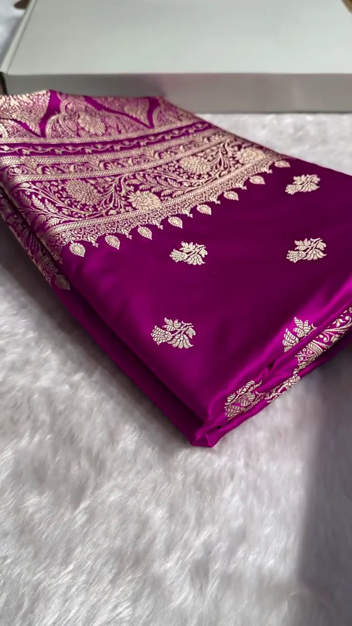 Royal Magenta Banarasi Silk Saree with Golden Zari Motifs & Rich Floral Border
