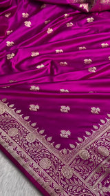 Royal Magenta Banarasi Silk Saree with Golden Zari Motifs & Rich Floral Border
