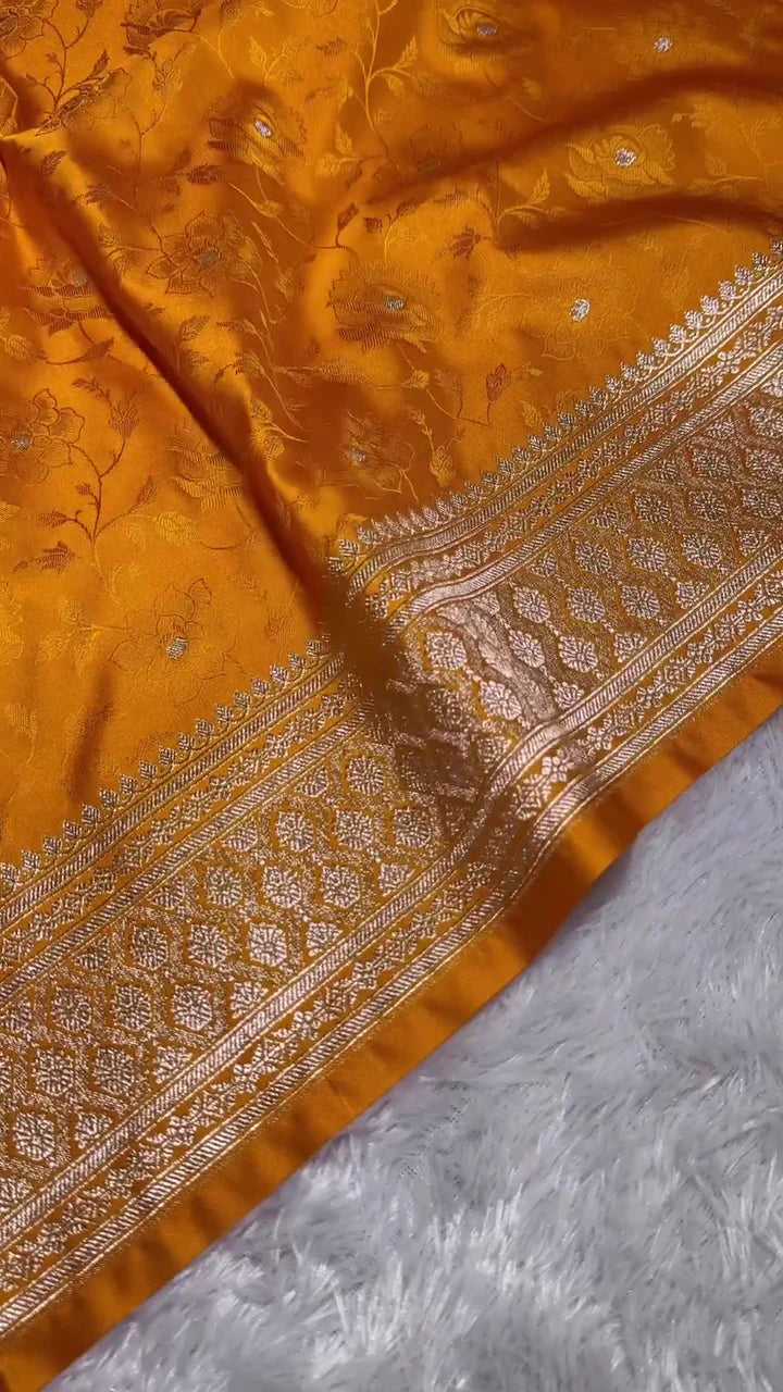 Orange Gold Banarasi Silk Saree With Intricate Zari Weaving