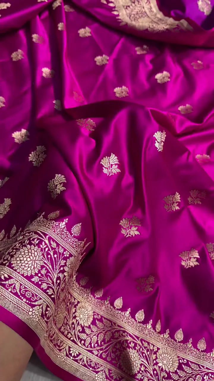 Royal Magenta Banarasi Silk Saree with Golden Zari Motifs & Rich Floral Border