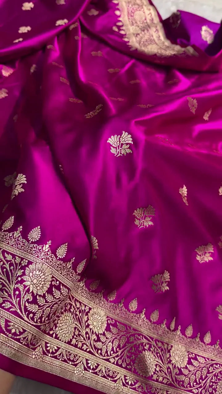 Royal Magenta Banarasi Silk Saree with Golden Zari Motifs & Rich Floral Border