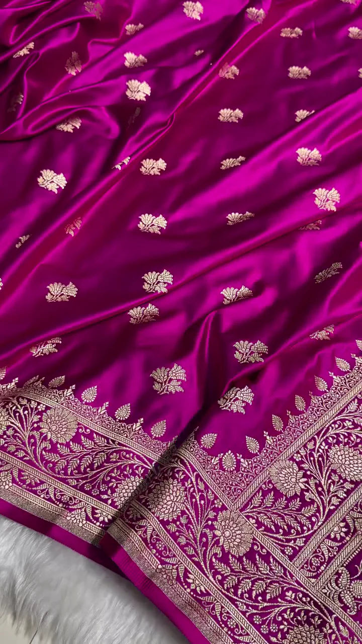 Royal Magenta Banarasi Silk Saree with Golden Zari Motifs & Rich Floral Border