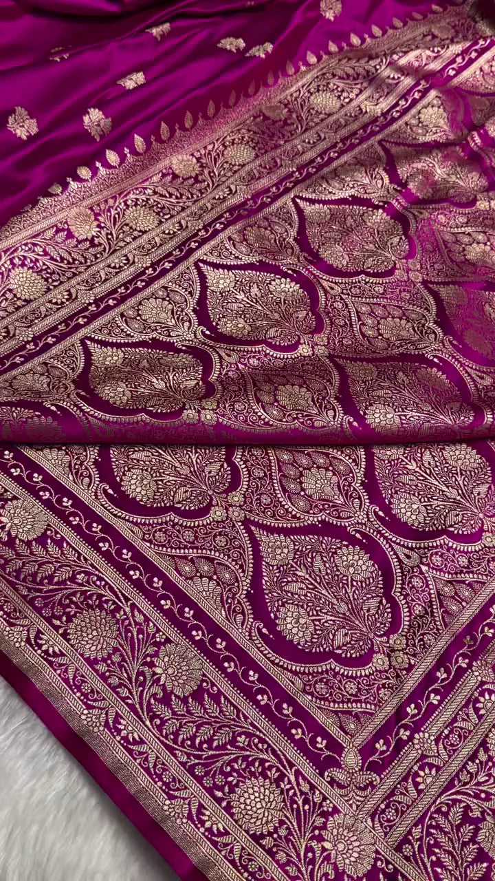 Royal Magenta Banarasi Silk Saree with Golden Zari Motifs & Rich Floral Border