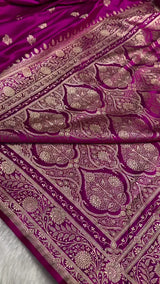 Royal Magenta Banarasi Silk Saree with Golden Zari Motifs & Rich Floral Border