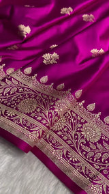 Royal Magenta Banarasi Silk Saree with Golden Zari Motifs & Rich Floral Border