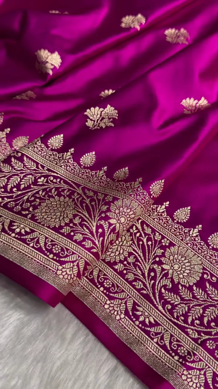 Royal Magenta Banarasi Silk Saree with Golden Zari Motifs & Rich Floral Border