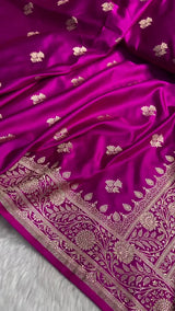 Royal Magenta Banarasi Silk Saree with Golden Zari Motifs & Rich Floral Border