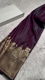 Deep Wine Banarasi Silk Saree with Golden Zari Architectural Cityscape Border