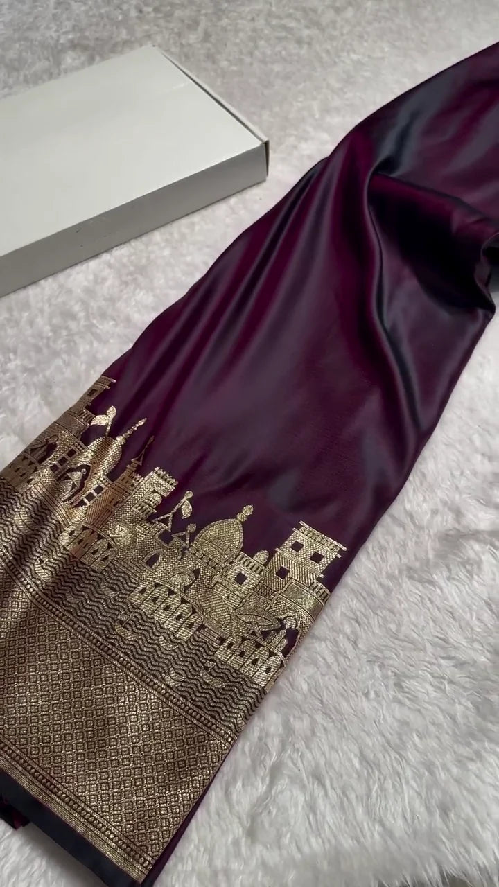 Deep Wine Banarasi Silk Saree with Golden Zari Architectural Cityscape Border