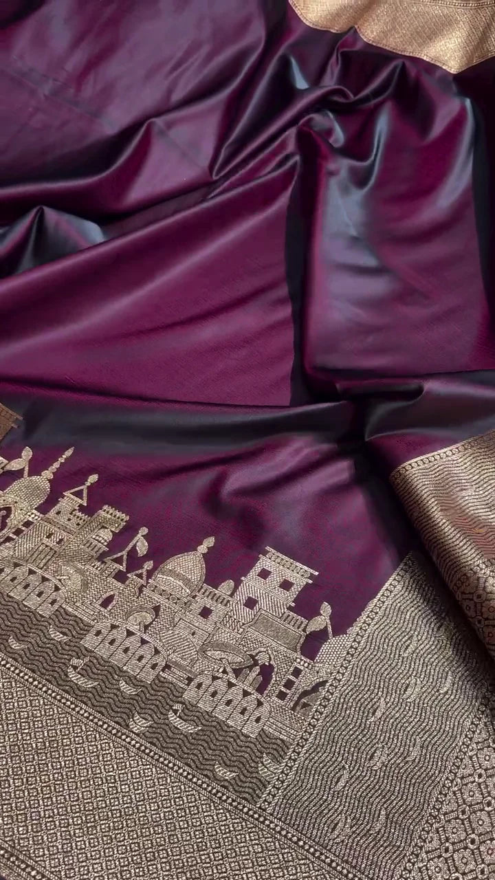 Deep Wine Banarasi Silk Saree with Golden Zari Architectural Cityscape Border