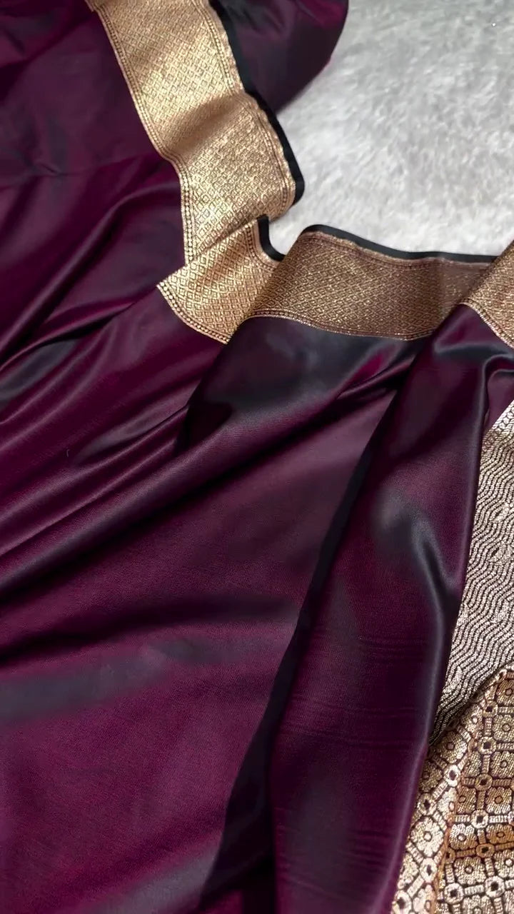 Deep Wine Banarasi Silk Saree with Golden Zari Architectural Cityscape Border