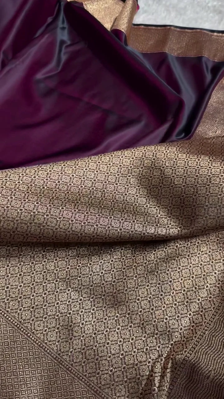 Deep Wine Banarasi Silk Saree with Golden Zari Architectural Cityscape Border