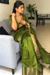 Green Pure Linen Silk Saree with Jacquard Weaving & Zari Border