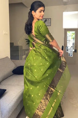 Green Pure Linen Silk Saree with Jacquard Weaving & Zari Border